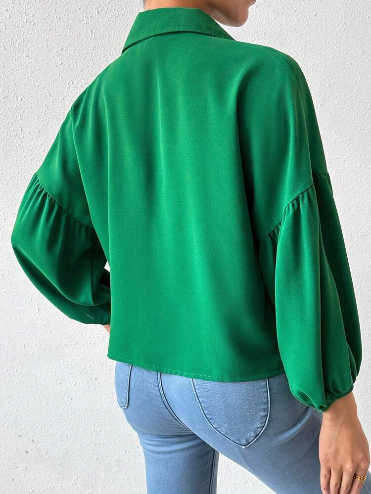 Solid Color Button Down Lantern Sleeve Shirt