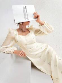 Modelyn 花卉刺绣灯笼袖心形领口收腰连衣裙长款晚礼服 - 杏色 - 查看 1