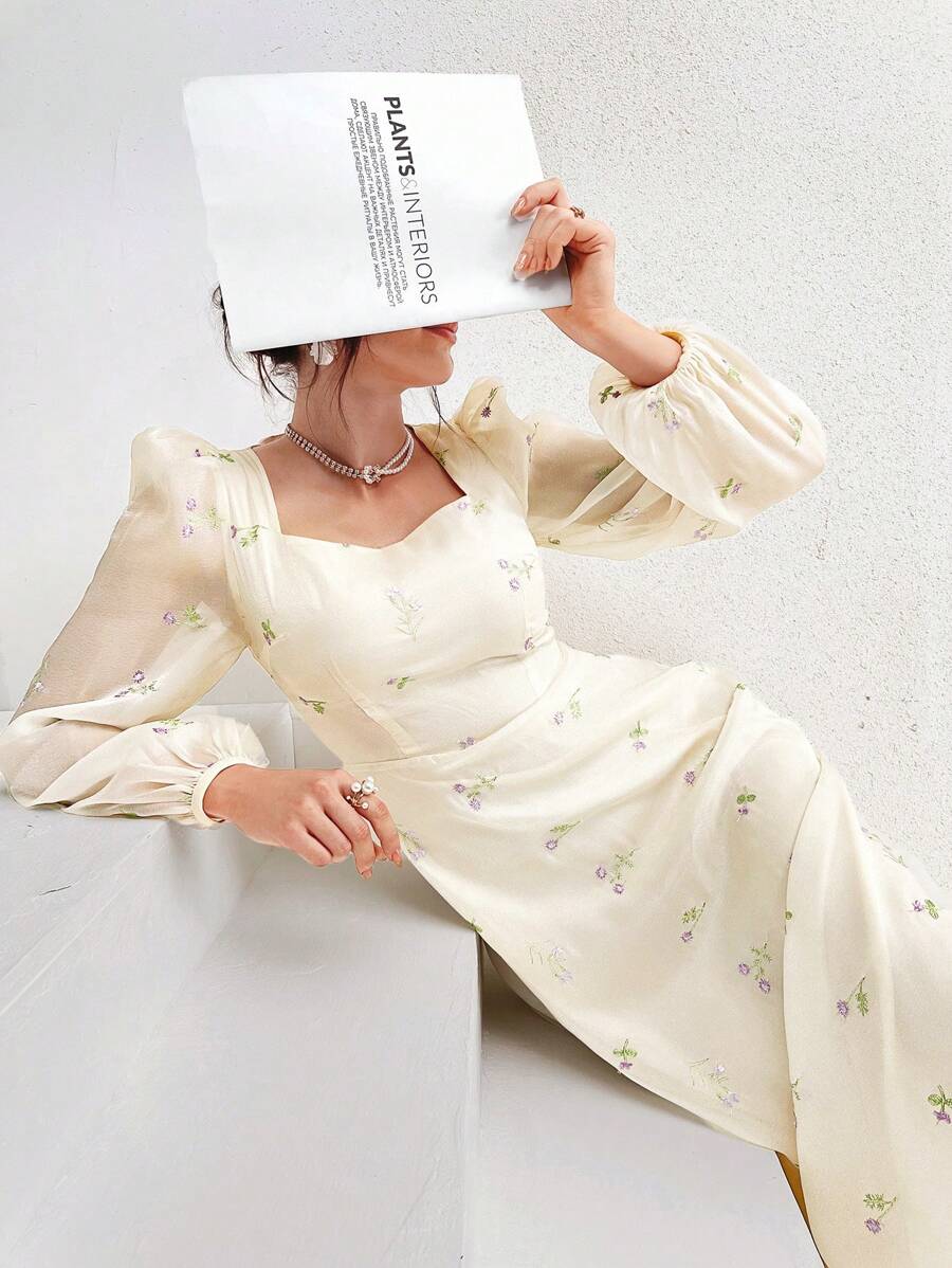 Modelyn 花卉刺绣灯笼袖心形领口收腰连衣裙长款晚礼服 - 杏色 - 查看 1