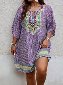 Breezaya Kích thước lớn Tay áo Đầm Với In ngẫu nhiên - Màu tím - Xem 5