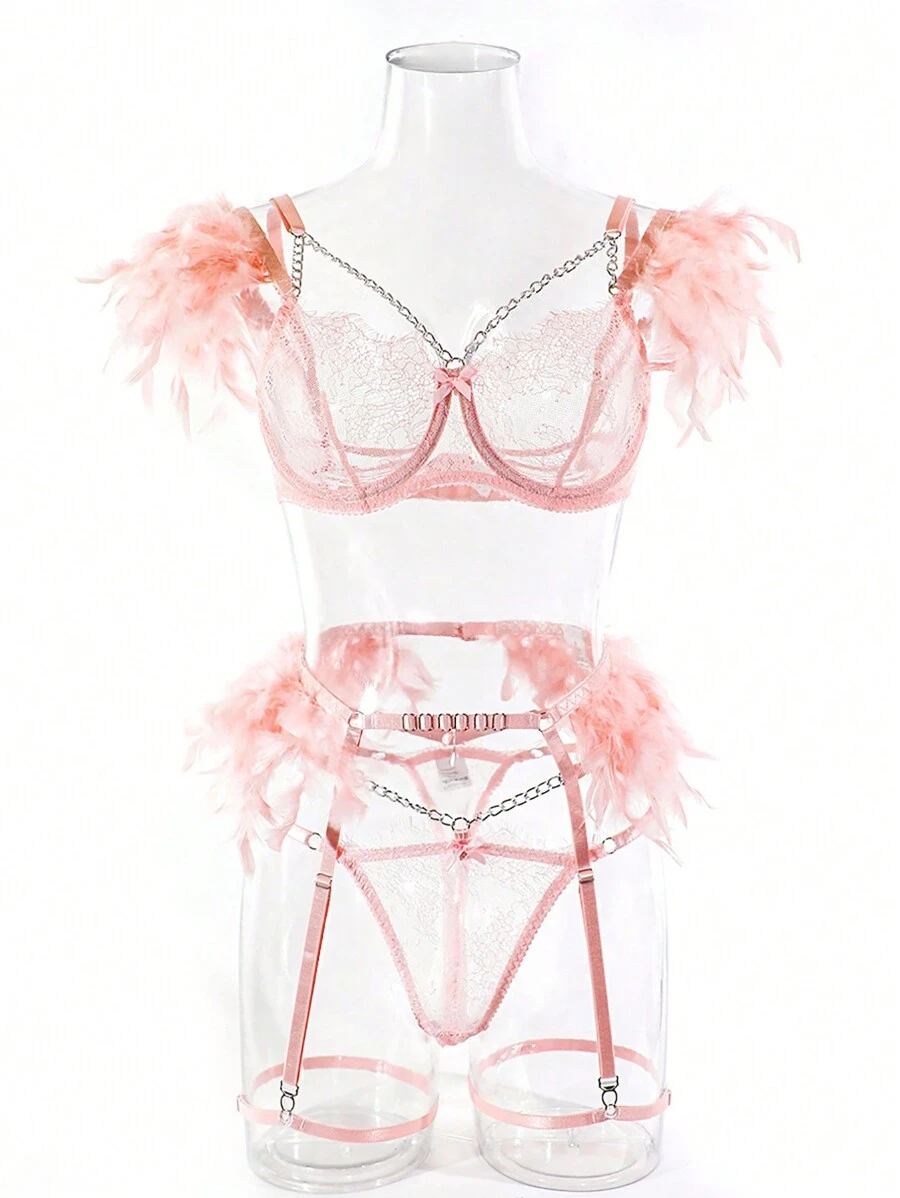 Set de lencería con encaje floral con diseño de perla artificial con aro con liga - Rosa Pálido - Ver 1