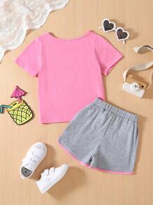 SHEIN 年輕女孩愛心印花t恤和對比邊緣短褲 - 彩色 - 查看 2