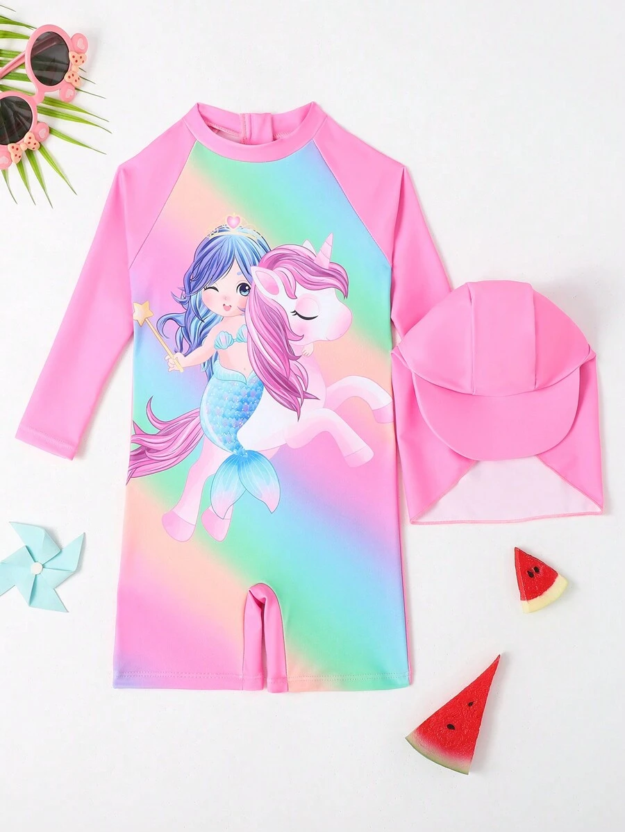 嬰兒女孩漫畫印花漸層拼接一片式泳衣 - 粉色 - 查看 1