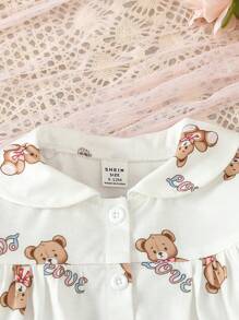 SHEIN 嬰兒女孩字母和小熊印花露肩袖上衣及褲子套裝 - 白色 - 查看 5