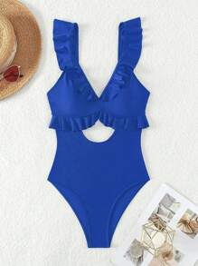SHEIN Swim 夏季海滩纯色荷叶边镂空后背带扣连体泳衣 - 寶藍色 - 查看 5