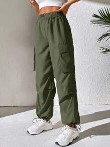SHEIN PETITE 翻盖口袋侧边工装裤 - 橄欖綠 - 查看 4