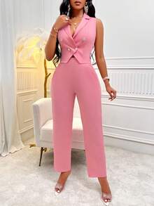 Women's Elegant & Commute Solid Color Lapel Double Breasted Vest &  Tapered Pants Set - Coral Pink - View 3
