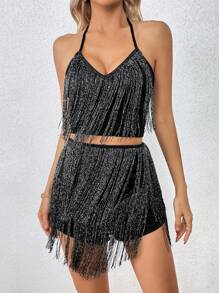 Allurite Women's Elegant Black Tassel Sequins Halter Two Piece Set Women Backless Sequin Halter Two Piece Set Women For Holiday Party Clothes,Club Two Piece Set Women,Sexy Flapper Dresses,Cocktail Dress Short For New Year Holiday Party Clothes Two Piece Set Women ,Haute Four Seasons Mini Two Piece Se
T Women,Holiday Two Piece Set Women,Wrap Two Piece Set Women. - Black - View 6
