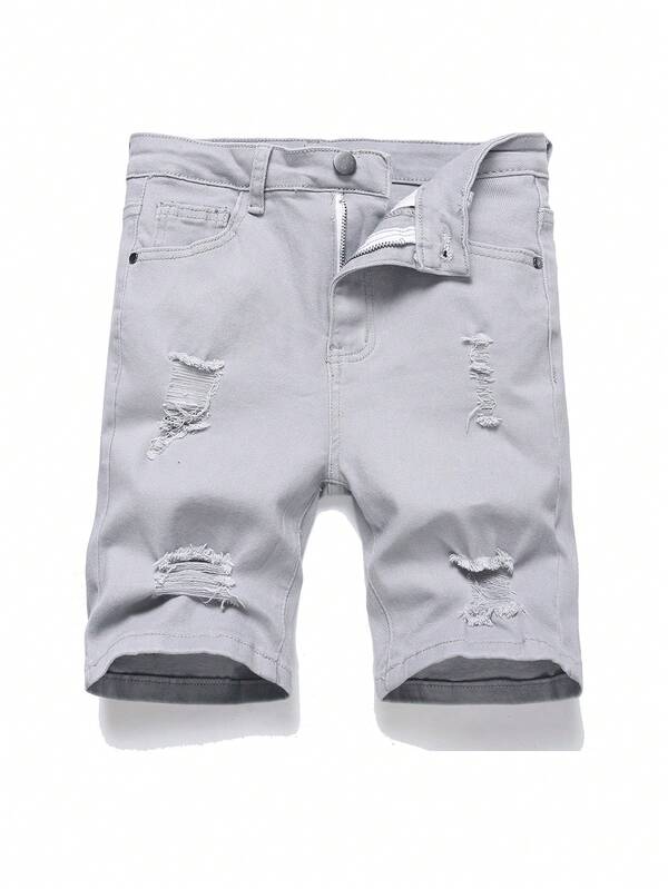 Shorts en jean décontracté unicolore et déchiré pour garçons préadolescents avec poches pour l'été