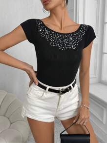 Chiquease Glitter Round Neck Ribbed Knit Top - Black - View 5