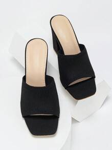 Women's Peep Toe Mules With Chunky Heel & Knitting Design, Breathable & Casual For Summer - Black - View 3
