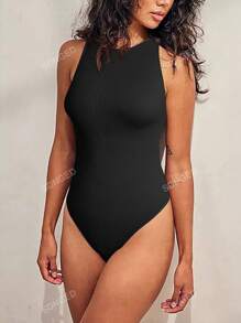 Women Solid Color Ribbed Sleeveless Bodysuit