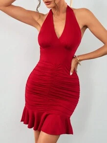 SHEIN Privé Vestido de verano elegante y sexy sin mangas estilo cuello halter en rojo para mujeres con dobladillo con volantes y espalda descubierta. Vestido entallado de uso diario y vacaciones - Rojo - Ver 4