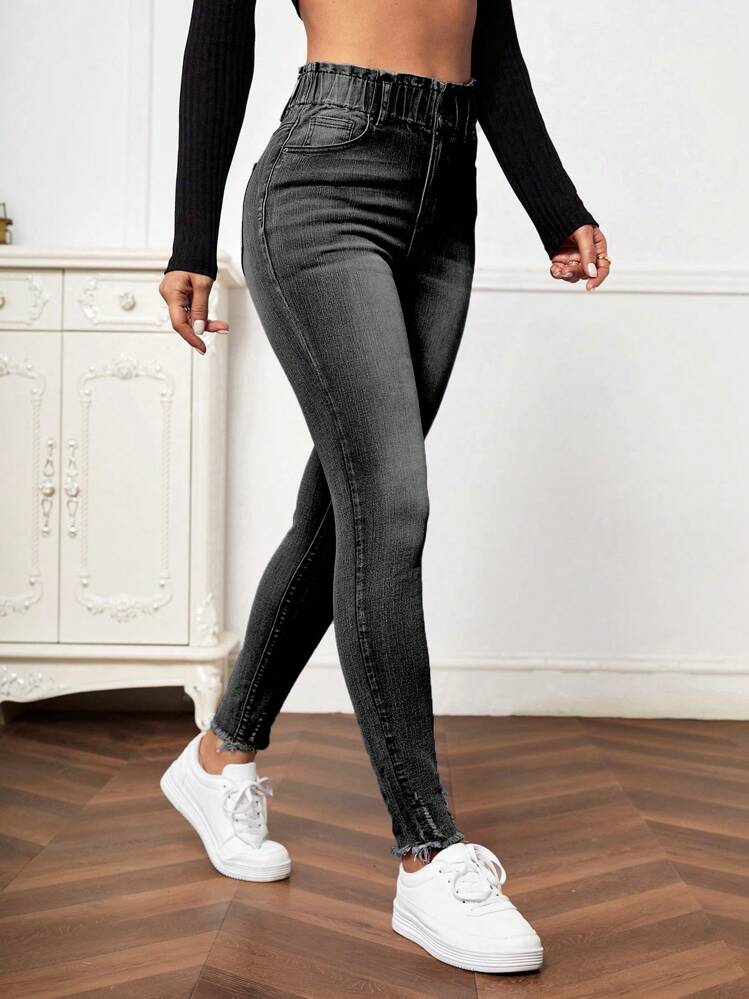 EMERY ROSE Vrouwen Skinny jeans Met Frayed hem En Verontrust Gedetailleerd - Donker grijs - Bekijken 1
