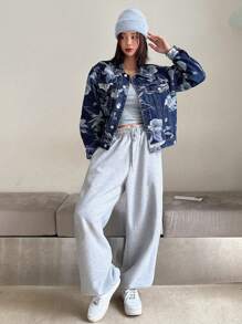 DAZY Ladies' Floral Printed Denim Jacket - Medium Wash - View 3