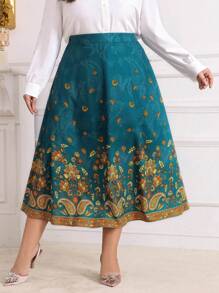 Modelyn Plus Paisley Print Skirt - Green - View 3