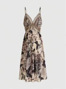 ROMWE Fairycore Đầm Lộ Lưng Tương phản ren Buộc lại Hoa Loại bướm Boho - Nhiều màu - Xem 1