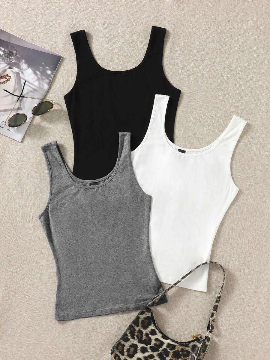 SHEIN EZwear Trang phục mùa hè 3 chiếc Tank Top trơn, đi chơi - Màu xám đen - Xem 1