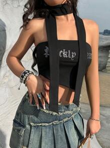 SHEIN Unity 性感水钻装饰不对称下摆露肩上衣配围巾 - 黑色 - 查看 5