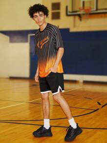 AXEPEAK 男士针织休闲短款插肩袖 T 恤，带字母、条纹和印花设计，适合返校季和街头服饰 - 黑色 - 查看 4