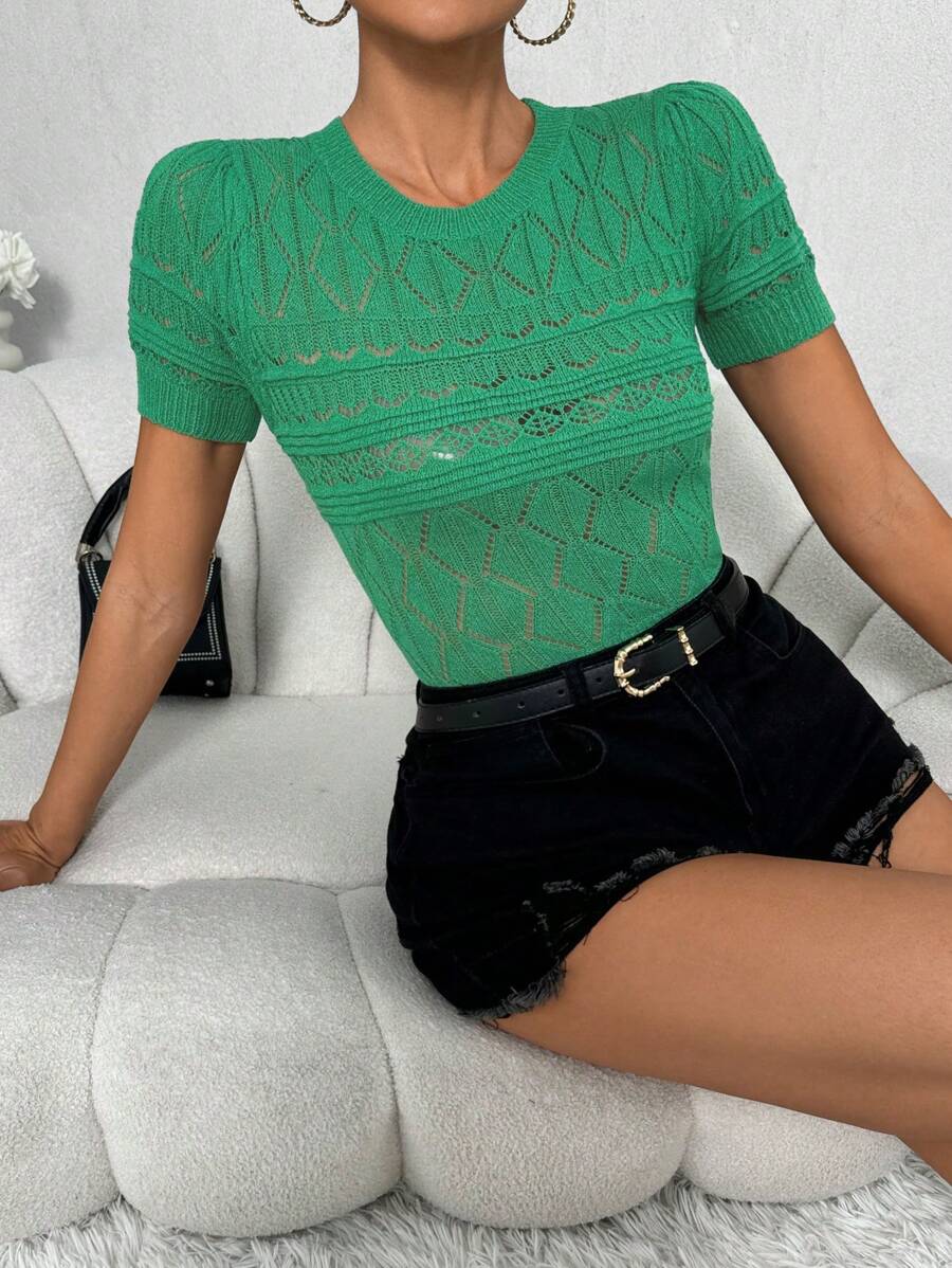 SHEIN LUNE 純色空心針織短袖上衣 - 綠色 - 查看 1