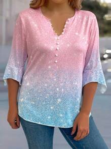 EMERY ROSE Plus Ombre Print Notched Neckline Half Button Tee - Pink - View 3