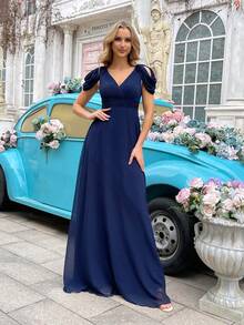 QOQ Elegant Flowing Navy Blue V-Neck Chiffon Bridesmaid Gowns Dresses - Navy Blue - View 6