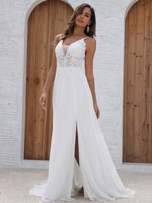 女士亮片雪纺细肩带婚纱白色优雅新娘礼服 - 白色 - 查看 6