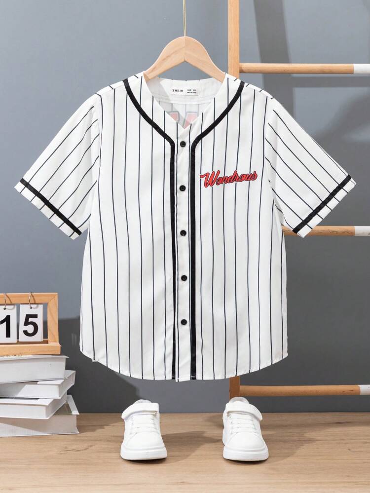 Tween Boys' Loose Fit Casual Short Sleeve Weave Shirt With Vertical Stripe And Single Breasted Button Closure