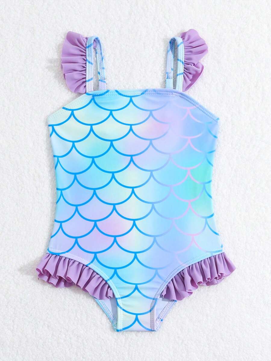 SHEIN Baby Girl One-Piece Swimsuit With Fish Scale Print And Ruffle Hem - Multicolor - View 1