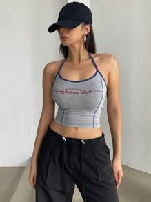 DAZY Women's Letter Printed Colorblock Tank Top With Contrast Stitching Crop Women Tops Halter Top Going Out Tops - Grey - View 3