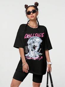 Coolane Figure & Letter Graphic Drop Shoulder Oversized Tee - Black - View 6