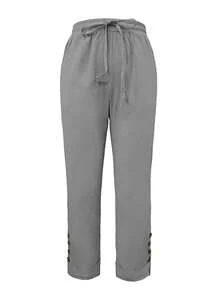 Women Simple Solid Color Button Decor Casual Pants - Grey - View 3