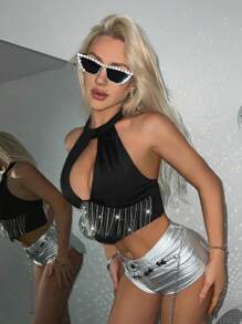 SHEIN ICON Y2k Slim Fit Hollow Out Rhinestone Tassel Decorated Crop Tank Tops,Black And Silver,Summer,70's,Concert,Party Disco Birthday Music Festival Outfits - Black - View 3