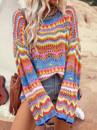 LanaWest Farbblockstreifen Lose Strickpullover mit Ausschnitten, Langarm Oberteil