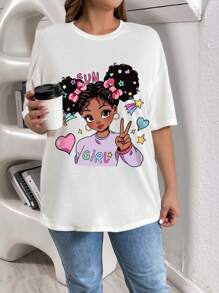 SHEIN LUNE Camiseta de manga curta solta e casual com estampa de coração para mulheres plus size, ideal para o verão - Branco - Visão 4