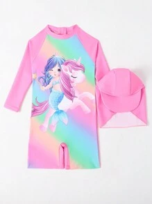 嬰兒女孩漫畫印花漸層拼接一片式泳衣 - 粉色 - 查看 4