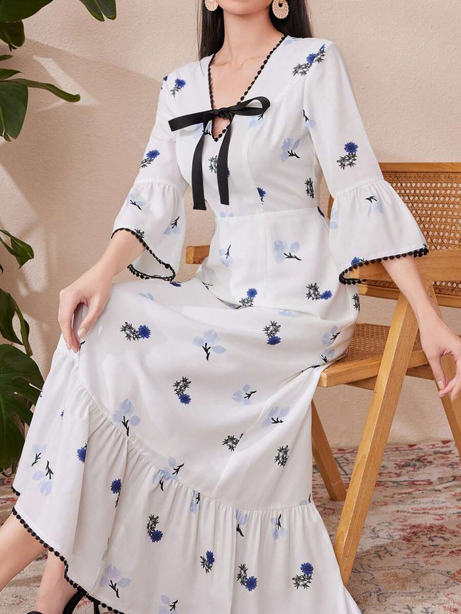 Modelyn Của phụ nữ Thực vật In Tay áo chuông Đầm - trắng - Xem 1