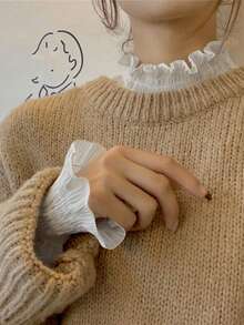 女士纯色蕾丝边休闲海滩/度假风格衬衫、长袖上衣