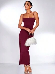 SHEIN BAE Dệt kim Màu thuần Trở lại Thánh giá Lace-up Khe Đầm - Màu Đỏ Sâu - Xem 4