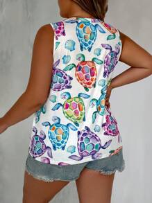 EMERY ROSE Plus Size Women's Turtle Print V-Neck Tank Top For Summer Graphic Tees Women Tops - Multicolor - View 2