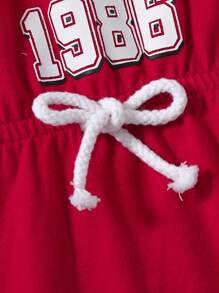 SHEIN Cute Baby Girl's College-Style Short Sleeve Drawstring Dress With Letter Print - Red - View 6