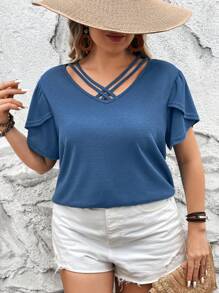 Calvaya Plus Size Solid Color Petal Sleeve T-Shirt - Blue - View 4
