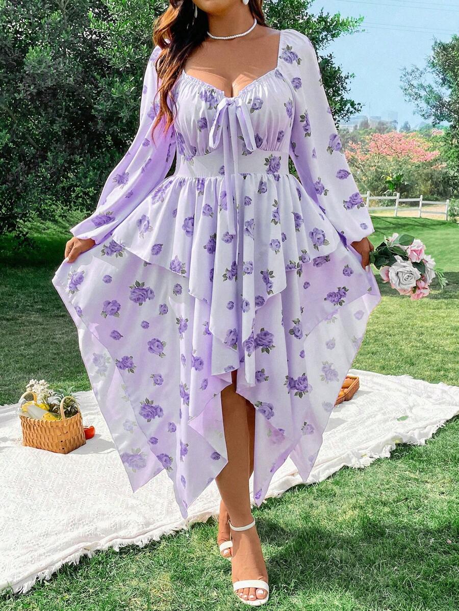 SHEIN SunnyBelle Plus Size Floral Printed Lantern Sleeve Dress With Sweetheart Neckline - Mauve Purple - View 1