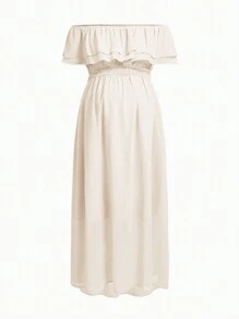 SHEIN Solid Color Maternity Off-Shoulder Ruffled Edge High Waist Dress - Apricot - View 3