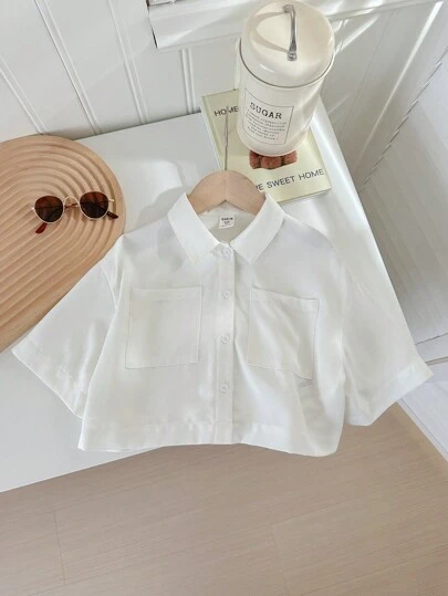 SHEIN LMoss Kids LMoss 年轻女孩编织纯色宽松短款休闲衬衫