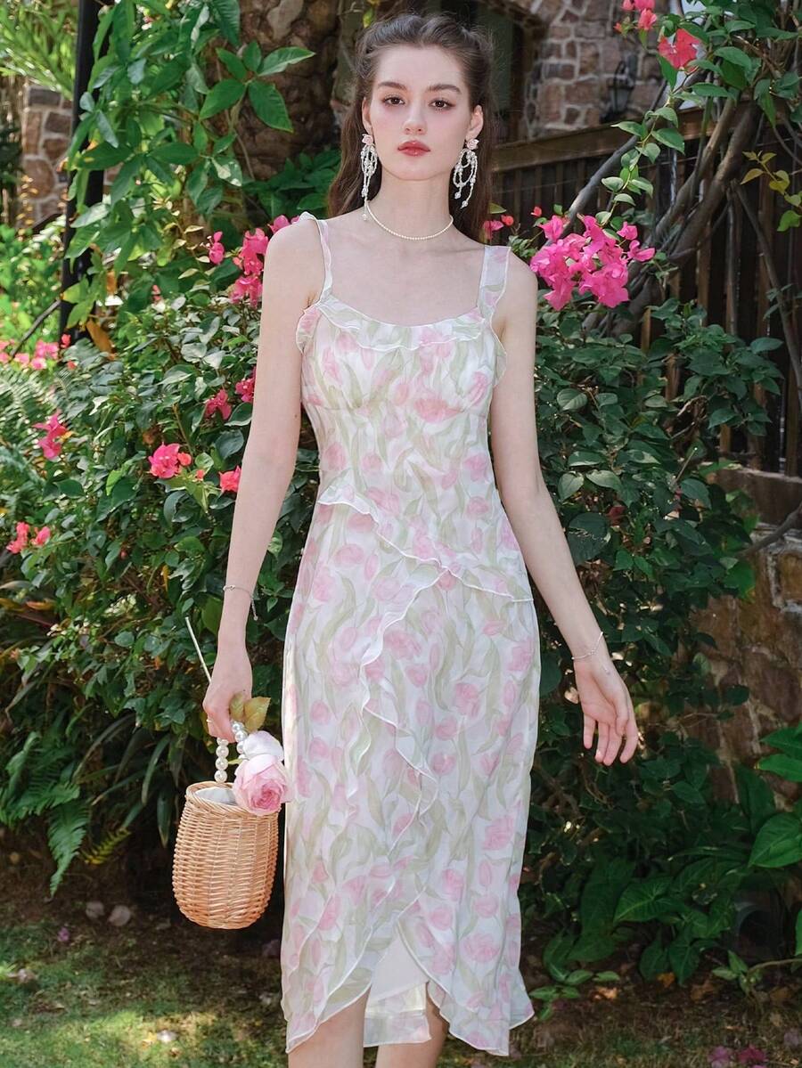 Ladies" Fashionable French Tulip Printed Sleeveless Sundress - Multicolor - View 1