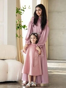 SHEIN Tween Girl Rhinestone Trim Stand Collar Cutout Shoulder Dress - Pink - View 3