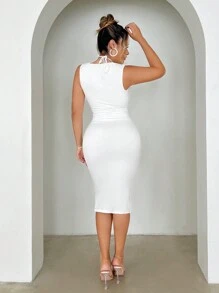 SHEIN SXY Sleeveless Deep V-Neckline Ruched Elegant Knitted Prom Midi Women Dress - White - View 2