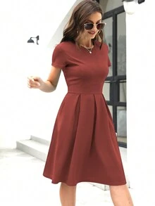 Solid Slant Pocket Pleated Hem Dress - Chocolate Brown - View 4